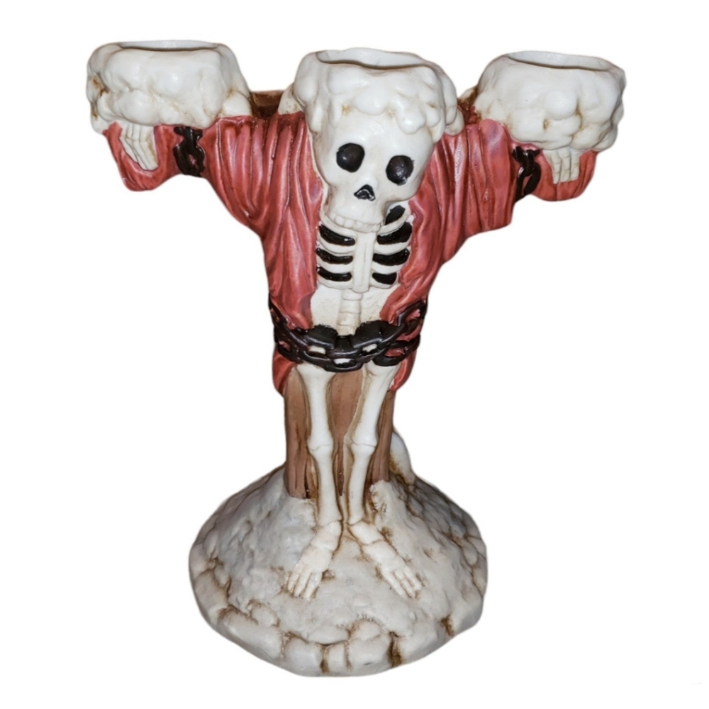 Bisque Halloween Candle Holder Skeleton In Pillory And Stocks Ceramic Vintage